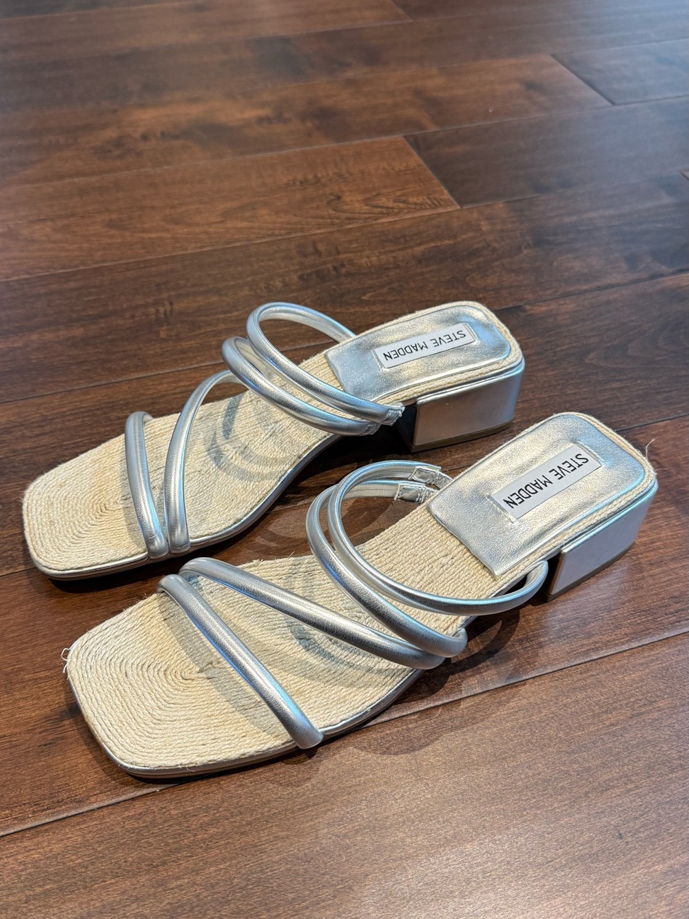 NEW Steve Madden Metallic Silver Strappy Block Heel Sandals